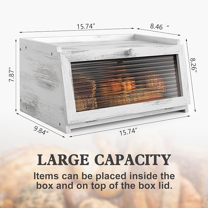 LOHASOK Bread Box for Kitchen Countertop | Wooden,Large, Farmhouse Bread Container Holder Storage, Acrylic translucent window - Image 6