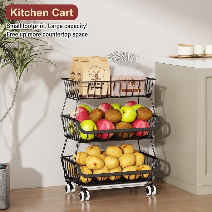 3-Tier Rolling Pantry Cart with Wheels, Stackable Wire Storage Floor Organizer for Kitchen Pantry Snack Shelves, Fruit Basket Stand, Vegetable Storage Rack for Food Snacks Onion Potato - Image 9