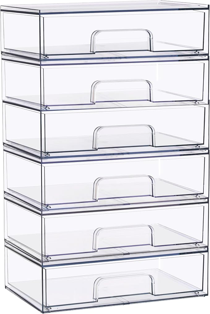 Sorbus Wide Stackable Acrylic Storage Drawers, 6 Pack Clear Plastic Organizer Bins for Baby Bottles, Makeup, Bathroom, Vanity & Countertop Organization, Pull-Out Drawer Design for Cabinets & Pantry - Image 7