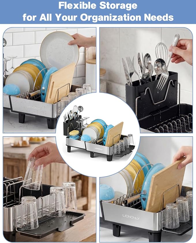 Dish Drying Rack, 304 Stainless Steel Exendable Dish Rack with Adjustable Drain Spout, Large Capacity Dish Drainer with Utensil Holder, Cup Holder and Cutting Board Rack for Kitchen Counter, Black - Image 8