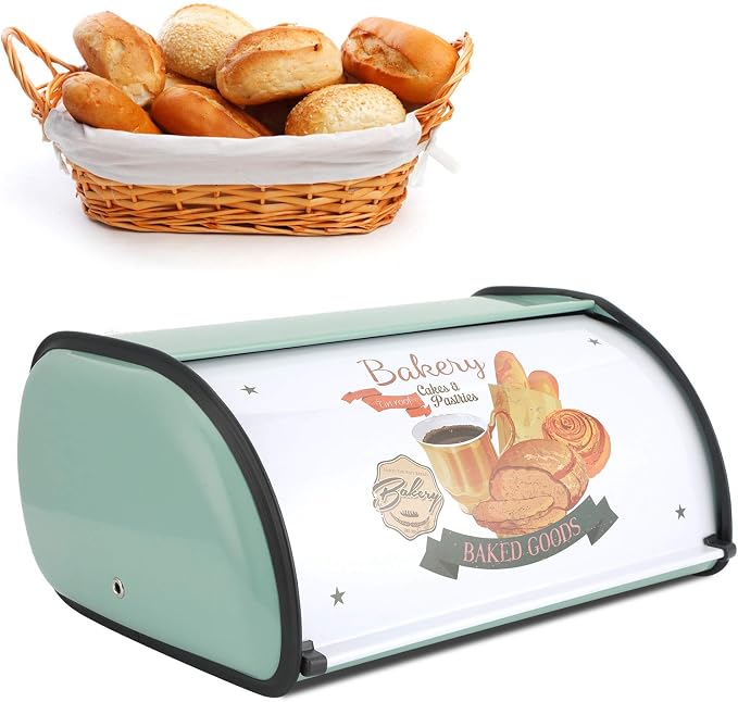 Roll Top Bread Box for Kitchen Counter - Metal Bin Retro Food Storage Container, 13"x9.4"x5.9" (Green) - Image 9