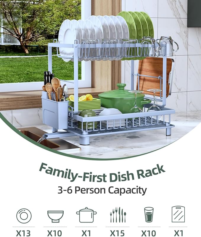 Dish Drying Rack 2-Tier Dish Racks with Drainboard, Rustproof, Space-Saving Dish Rack, Utensil & Cup Holder for Kitchen Counter, Blue - Image 8