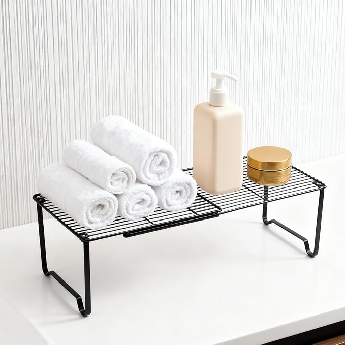 Extendable Metal Wire Shelf Organizer - Adjustable 15-24.4in Length, Stackable Storage Rack for Kitchen, Pantry, Bathroom, Shoe Cabinet & Tool Closet (1 Pack, Black) - Image 6