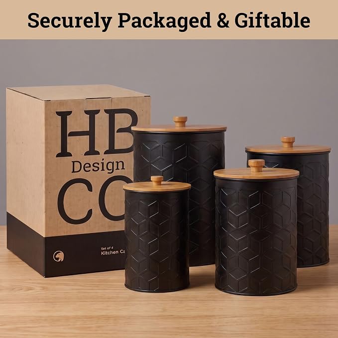 Kitchen Canisters for Countertop Set of 4, Textured Iron w/ Airtight Lids | Airtight Easy Open Bamboo Lids - Dent-Resistant Thick Metal - Sturdy Comfortable Bamboo Handles - Raised Textured Pattern - Image 9