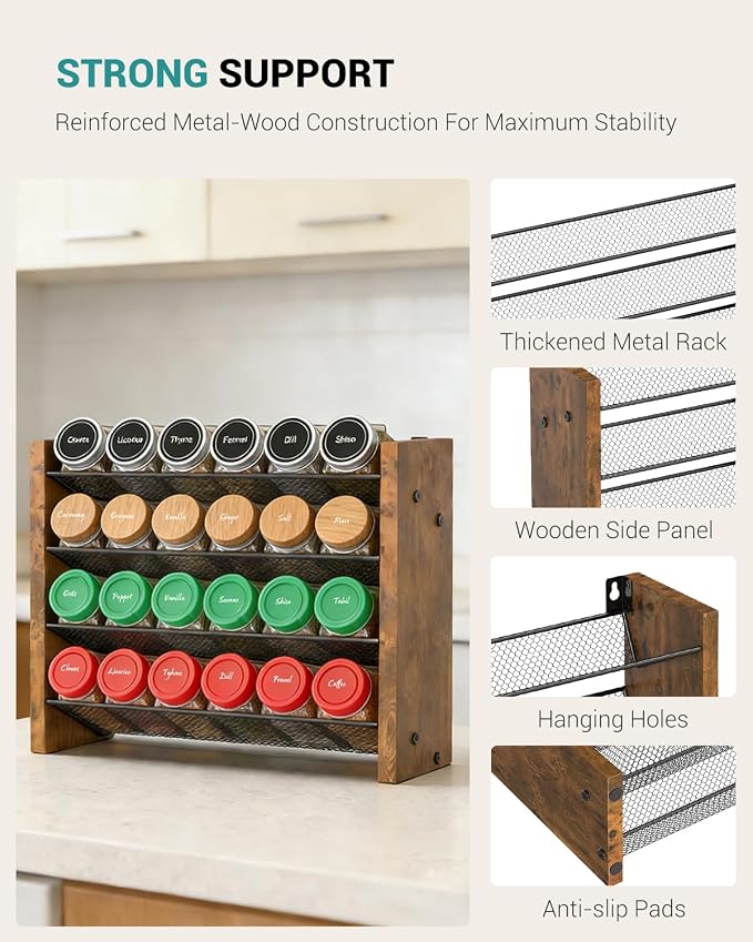 NESAPTO Spice Rack Organizer for Cabinet, Wood 4-Tier Vertical Seasoning Organizer, Wall Mount or Countertop Spice Shelf, Holds 24 Jars (No Jars Included), 12.2" W x 9.4" H - Image 7