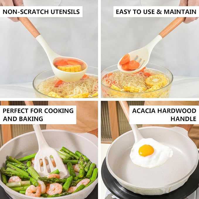 Silicone Kitchen Utensils Set of 5, Cooking Utensil Set with Heat Resistant Wooden Handle Non-Stick Silicone Spatula Spoon Turner Ladle, BPA FREE Cooking Kitchen Gadgets for Cookware & Baking - Image 9