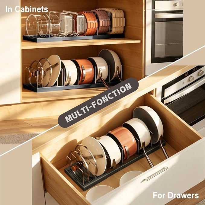 Magheo Pots and Pans Organizer Under Cabinet, Expandable 12.6"-22.8" Kitchen Cabinet Organizer Holder with 10 Adjustable Dividers for Food Storage Container Lid, Cookie Sheet, Cookware(1 Pack, Black) - Image 8