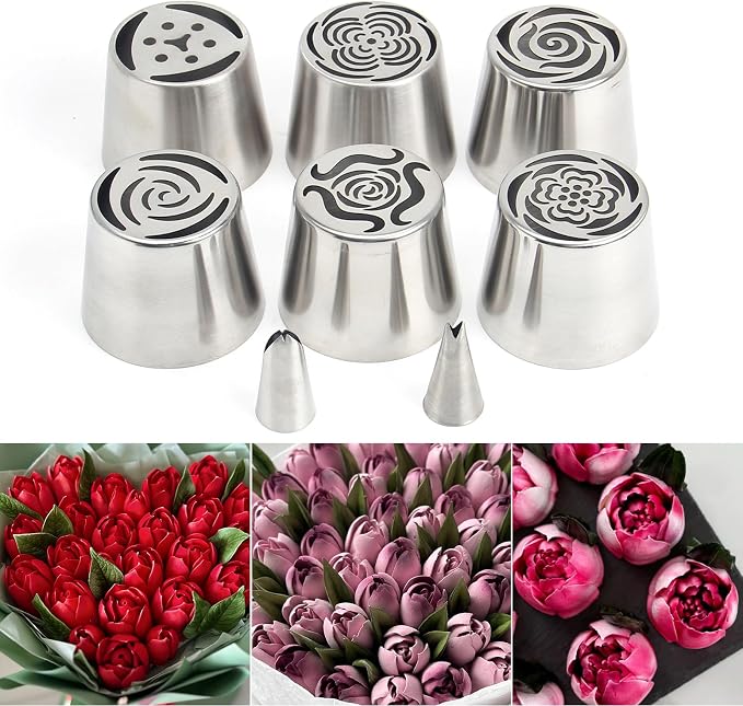 10Pcs Extra Large Russian Piping Tips Set, Stainless Steel Rose Flower Nozzles for Cake Decorating, Includes 6 Extra Large Flower Tips, 2 Leaf Tips, 2 Cloth Piping Bags, Baking Tools - Image 6