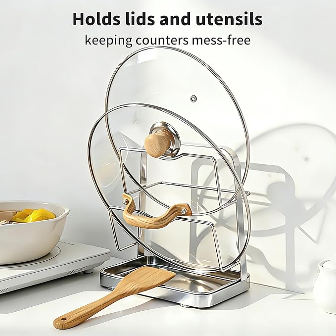 304 Stainless Steel Pot Lid Holder & Spoon Rest While Cooking, Kitchen Storage Rack, Stove Top Organizer for Pan Lids, Multifunctional Cover Stand with Removable Drip Tray - Image 8