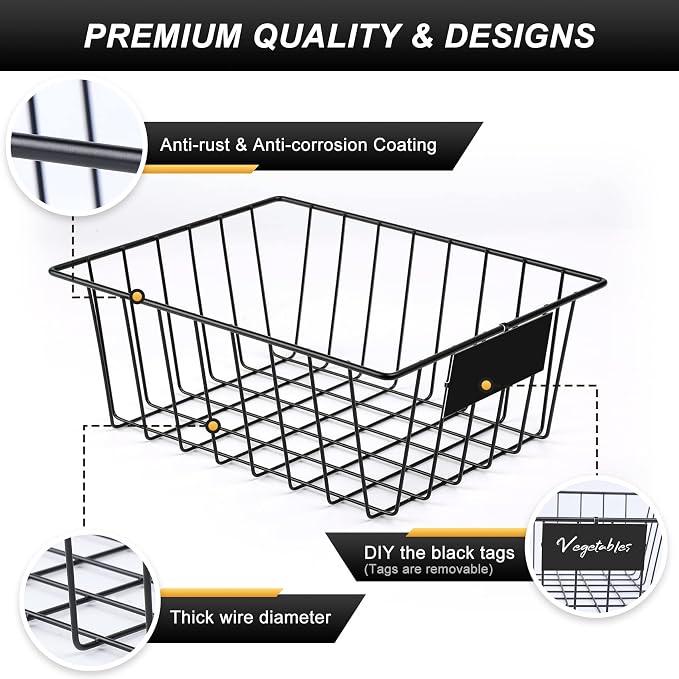 8 Pack Wire Storage Baskets for Organizing with Removable Tags, Pantry Organization Bins for Kitchen Cabinets, Closet - Metal Basket for Laundry, Garage, Refridge, Bathroom Countertop Organizer, Black - Image 7
