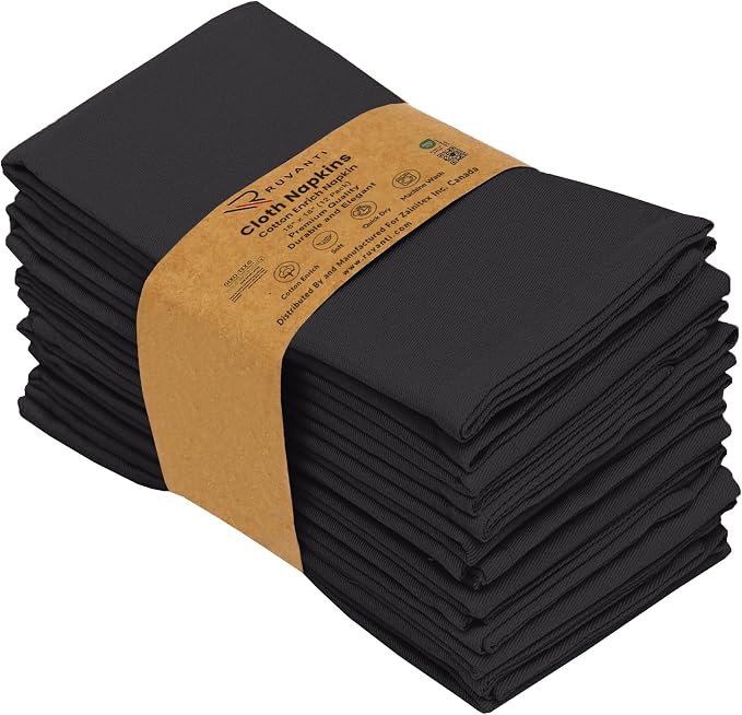 Ruvanti Cloth Napkins set of 12, 18x18 Inches Napkins Cloth Washable, Soft, Durable, Absorbent, Cotton Blend. Table Dinner Napkins Cloth for Hotel, Lunch, Restaurant, Weddings, Events, Parties - Black - Image 9