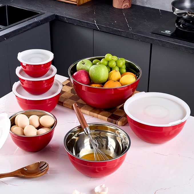 Red Mixing Bowls With Airtight Lids,Stainless Steel Bowl,Salad Bowls 7 Piece Colorful Nesting Bowl Red Kitchen Accessories,Size 7,3.6,2.7,2.1,1.5,1.1,0.8QT Stackable Design - Image 9