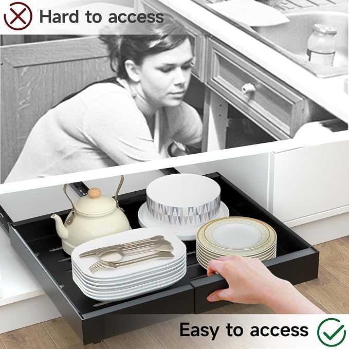 2 Pack Pull Out Cabinet Organizer, No Screw Adjustable Cabinet Drawers, Expandable(12.6"-20.47") Slide Out Drawers for Kitchen Cabinets, Cabinet Roll Out Shelves in Pantry or Bathroom, 16.54" Deep - Image 6