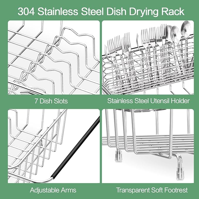 Large Sink Dish Drying Rack, Expandable 304 Stainless Steel Metal Dish Drainer Rack Organizer Shelves with Stainless Steel Utensil Holder Over Inside Sink, Rustproof - Image 7