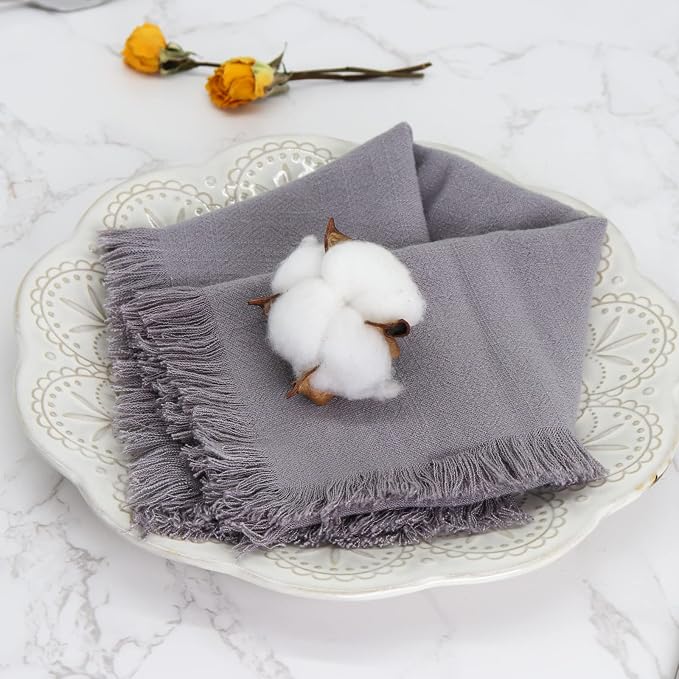 Handmade Cloth Napkins with Fringe,18 x 18 Inches Cotton Linen Napkins Set of 6 Versatile Handmade Square Rustic Fringe Napkins for Dinner, Wedding and Parties, Gray - Image 5