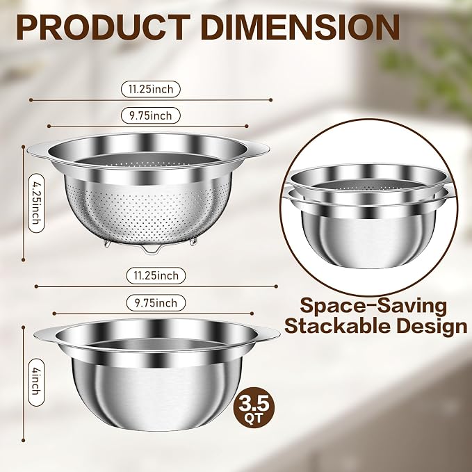 3.5QT Colander with Bowl, Rice Strainer, Stainless Steel Mixing Bowls with Strainer, Pasta Strainer, Colander for Kitchen for Rice Pasta Fruits Vegetables, Rice Cleaner Strainer, Dishwasher Safe - Image 7