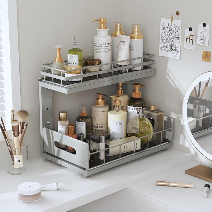 Under Sink Organizer Upgrade To Professional Rails,2-Tier Dual Pull Out Cabinet Storage,Height Adjustable Slide Out Drawers For Bathroom Kitchen,2 Pack-14.5"Dx12.8"-16.9"H,Gun Gray - Image 9