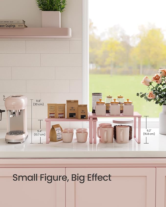 SONGMICS Cabinet Organizer Shelf, Set of 2 Kitchen Counter Shelves, Kitchen Storage, Spice Rack, Stackable, Expandable, Metal and Engineered Wood, 11.7 Inches, Jelly Pink UKCS020S01 - Image 7