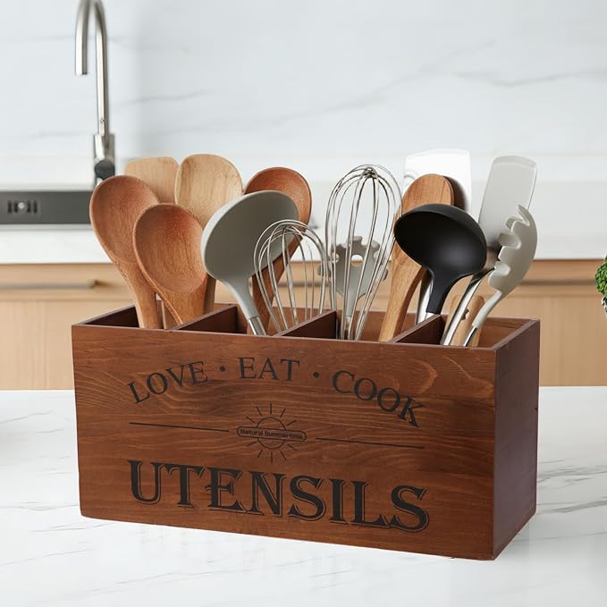 2 PC Wooden Utensil Holder,(With 4-Compartments size*1 + 3-Compartments size*1) Extra Large Kitchen Counter,Cooking Spatula Organizer,Farmhouse Decor, Rustic Cooking Utensil - Image 7