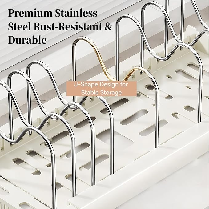 2 Pack Expandable Pots and Pans Organizer under Cabinet, Adjustable Pot Lid Organizer Rack with 9 Stainless Steel Dividers, Food Container Lid Holder for Kitchen Countertop Storage (White) - Image 9