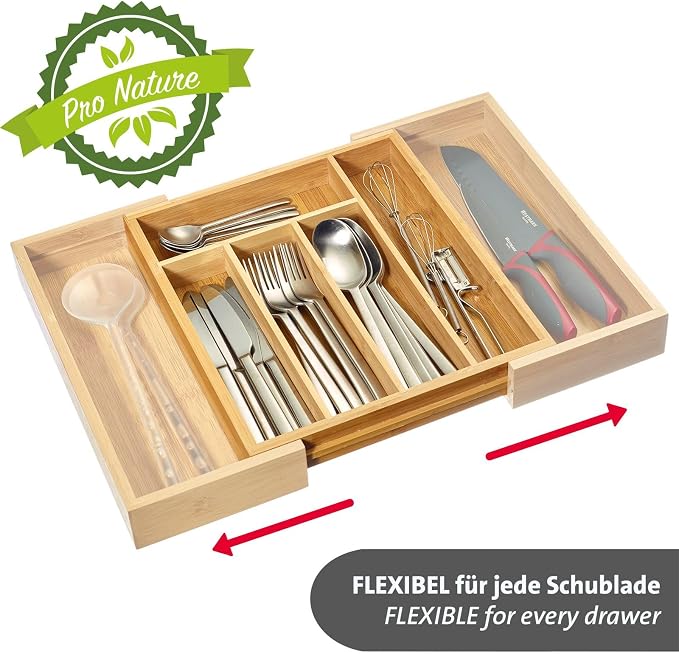 Westmark Cutlery Tray - Extendable Drawer Insert for Cutlery and Cooking Utensils, Practical Organiser for Common Drawers, 5 or 7 Compartments - Bamboo, 29-48 cm - Image 5