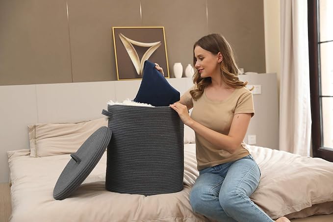 16x18 Inch Extra Large Round Cotton Rope Storage Basket with Lid, Decorative Woven Bin with Cover for Living Room Bedroom Closet, Dark Grey - Image 8
