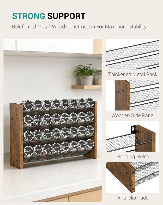 NESAPTO Spice Rack Organizer with 32 Glass Spice Jars, Wood 4-Tier Seasoning Organizer with Labels for Cabinet, Pantry, Countertop or Wall Mount, Chalk Marker and Funnel Set, 15.7" W × 9.4" H - Image 8