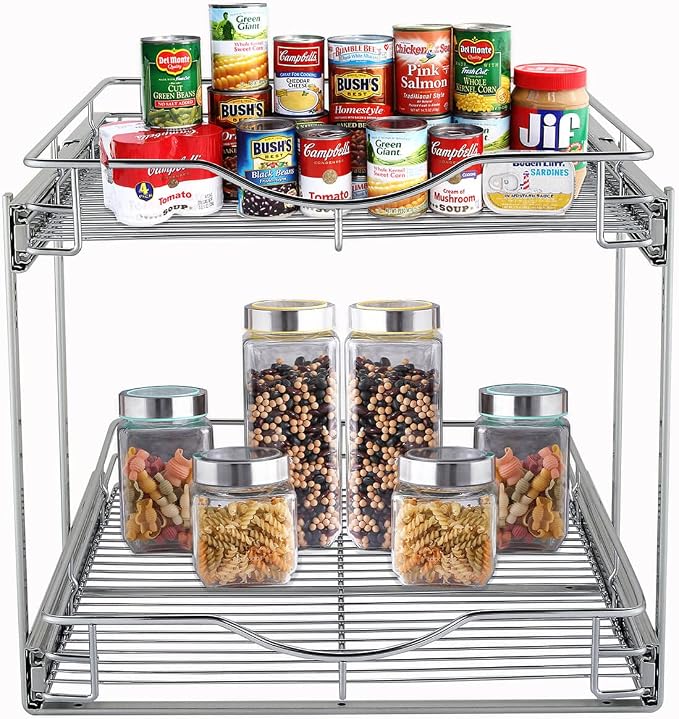 DINDON 2 Tier Pull Out Cabinet Organizer (11" W X 21" D), Double Tier Wire Basket Slide Out Shelf Storage for Kitchen Base Cabinet Organization for Kitchen, Pantry, Bathroom, Chrome - Image 8