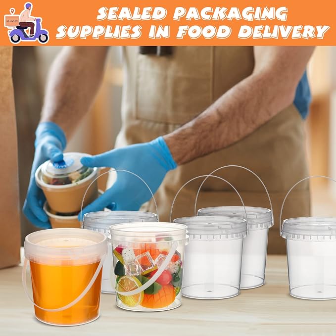 Skylety 24 Pcs Ice Cream Tub with Lid and Handle, 32oz Plastic Freezer and Microwave Safe Food Storage Containers, Airtight Pails Container for Snacks Deli Food Fruit, Leakproof Bucket (Clear) - Image 7