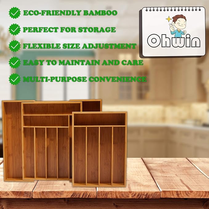 Bamboo Kitchen Drawer Organizer - Expandable Silverware Organizer/Utensil Holder and Cutlery Tray with Grooved Drawer Dividers for Flatware and Kitchen Utensils (9 Slots) - Image 7