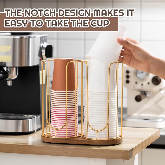 18oz Adjustable Coffee Cup Dispenser with Wooden Base, Cup and Lid Holder, Cups Holder Organizer for Coffee Pod Straw and Lid Storage(2-compartment Single,Color 2) - Image 7