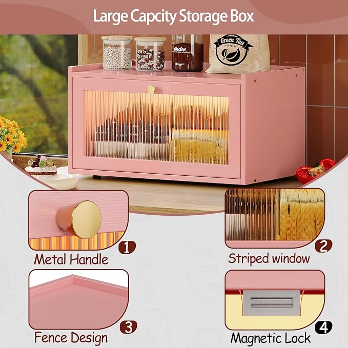 Trironsun Bamboo Bread Box with Led Light for Kitchen Counter Large Capacity Bread Storage Container Kitchen Countertop Organizer with Window Bread Holder (Pink) - Image 9