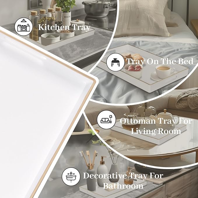 White Decorative Tray for Coffee Table, Serving Tray with Handles | Plastic Melamine Tray, Modern Ottoman Tray, Rectangular Countertop Organizer Tray for Living Room, 15.8"L x 10.2"W x 1.4"H - Image 7