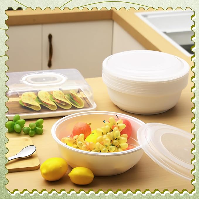 10 Pack 135 oz Large Plastic Serving Bowls with Lids Round Extra Large Disposable Salad Bowls Containers Chip Candy Dish for Salads and Snacks Party Picnic Buffet Eating(White) - Image 7