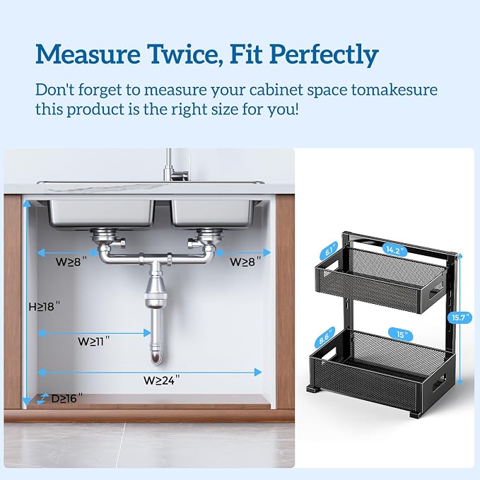 Under Sink Organizer for Bathroom & Kitchen, Under Cabinet Storage Shelf, Bathroom Cabinet Organizer Vanity Drawer Pantry Organization, Multi-Purpose Under Sink Slide Out Storage Shelf - Image 7