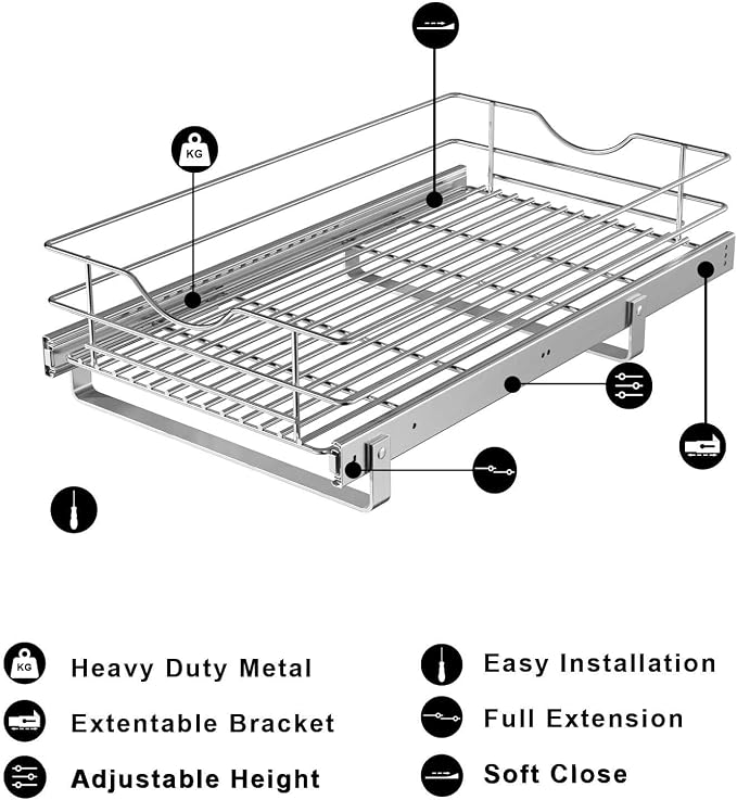 Pull Out Cabinet Organizer, (20½"W x 20" D), Soft Close Pull Out Cabient Drawer, Slide Out Cabient Organizer for pot and pan Kitchen Base Cabinet, Pantry Organization, Bathroom, Wire Basket - Image 6