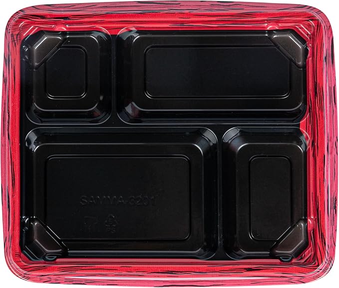 Restaurantware Bento Tek 15.2 Ounce Meal Prep Containers, 50 Disposable To Go Food Boxes - Lids Sold Separately, 4 Compartments, Red And Black Plastic Bento Lunch Boxes, Freezable, For Take Out - Image 13