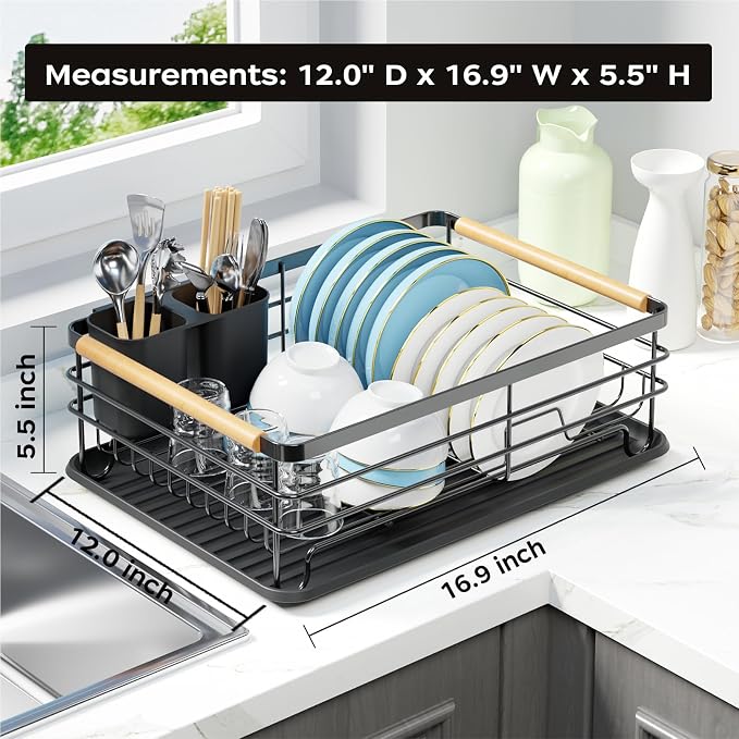 Dish Racks for Kitchen Counter: Wooden Handles, Thickened Metal, No Assembly. Small Dish Drying Rack: Ideal for Small Households. Drying Rack Kitchen: Black - Image 7