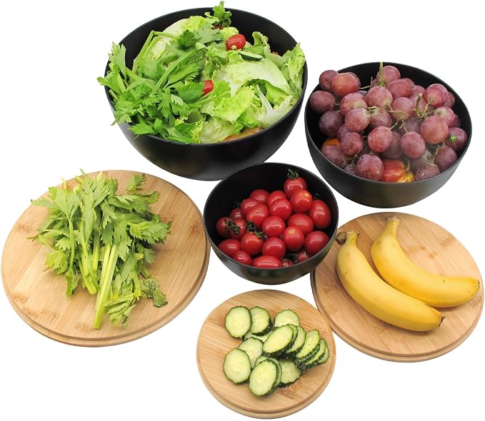 ECOWAY Salad Bowl Set of 3 with Bamboo Wooden Lids, Mixing Bowls Set, Nesting Bowls for Space Saving Storage, Made with Durable Eco-Friendly Bamboo Fiber, Great for Prepping and Serving Food, Black - Image 7