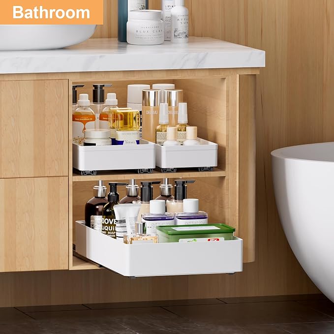 Delamu 3 Pack Pull Out Cabinet Organizer, 15.7"Deep Pull Out Drawers for Cabinets, Slide Out Drawers for Kitchen Cabinets, Bathroom Cabinet Organizer, Pantry (White) - Image 9
