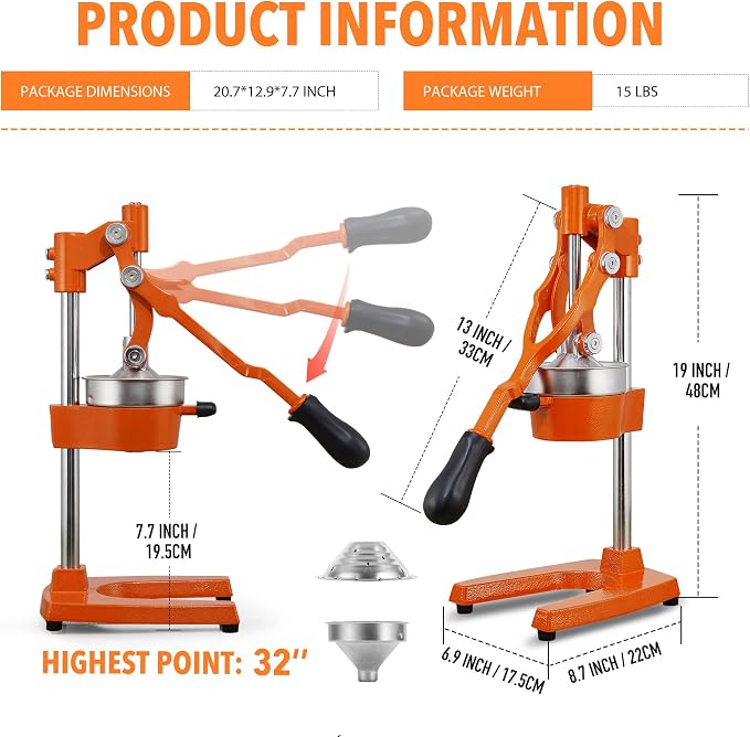 19 Inch Height Extra Tall Commercial Heavy Duty Cast Iron Hand Press Manual Orange Citrus Lemon Lime Grapefruit Pomegranate Fruit Juice Squeezer Machine with Stainless Steel Cup - Image 7