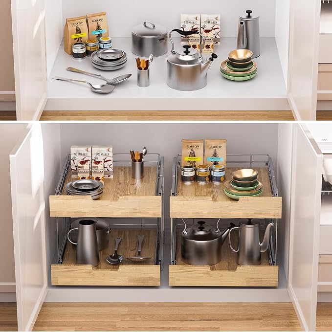 Sikarou Pull Out Cabinet Organizer,Heavy-Duty Slide Out Shelf, Wood and Wire Basket, Pull Out Drawer for for Kitchen Under Sink Space, Pantry, Bathroom, 2 Tie 14 * 21 in - Image 7