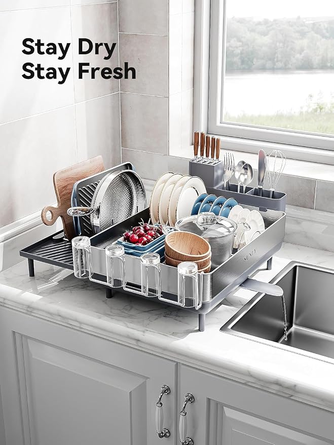Large Dish Drying Rack, Expandable Dish Racks for Kitchen Counter, Space Saving 304 Stainless Steel Drying Rack Kitchen, Extra Large Drainer with Multifunctional Flip Up Pegs, Gray - Image 8