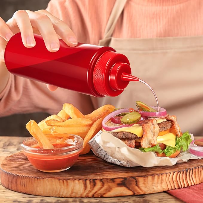 16 Pcs 32 oz Squeeze Bottle Large Plastic Wide Mouth Squeeze Bottles for Condiment Sauces Chocolate Ketchup Mustard BBQ Grill Restaurant (Red) - Image 6