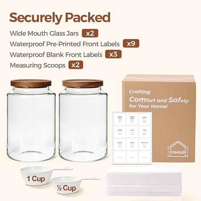 ComSaf Flour Storage Containers with Acacia Wood Lids 1Gallon 2Pack | 4.2Qt Large Glass Jar, for Cooks, Flour Cereal Rice Oats, Kitchen Pantry, 4.4in Wide Mouth, Canister with Scoops & Labels - Image 9