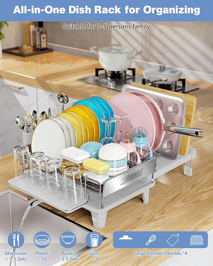 Expandable Dish Drying Rack, Dish Racks for Kitchen Counter, Stainless Steel 304, Flip-Top Retractable Plate, Multi-Directional Adjustable Dish Rack, Space Saving Large Drying Rack Kitchen, White - Image 8