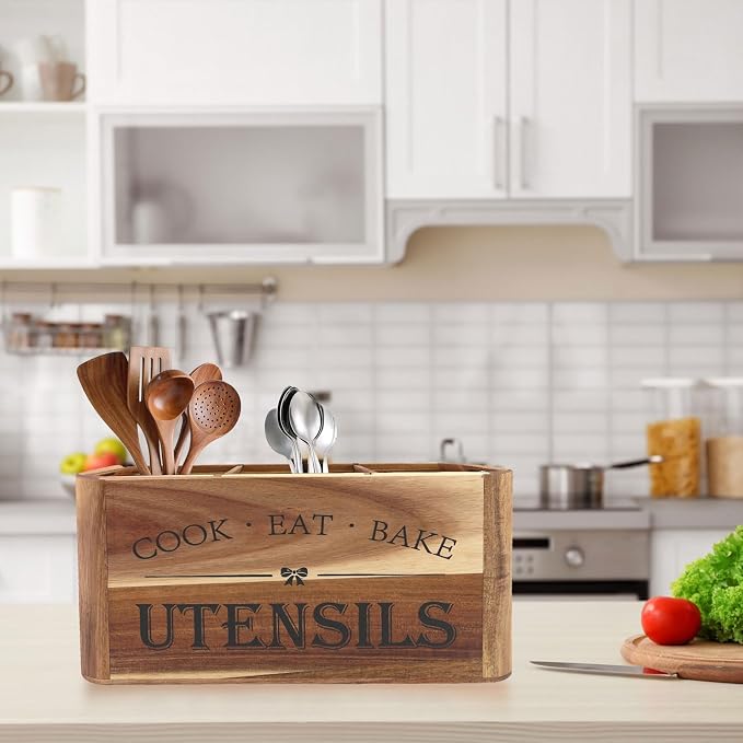 Utensil Holder for Kitchen Countertop - Extra Large 3 Compartment Wooden Organizer in Acacia Wood, Storage for Cooking Tools and Cutlery, Farmhouse Style for Home Cooking - Image 7