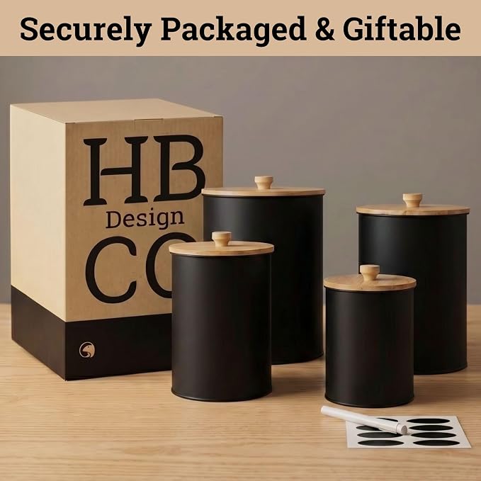 Kitchen Canisters for Countertop Set of 4 w/ Chalkboard Labels & Marker Pen | Airtight Easy Open Bamboo Lids, Dent-Resistant Thick Metal, Customizable Chalkboard Labels, Marker Pen Included, Set of 4 - Image 9