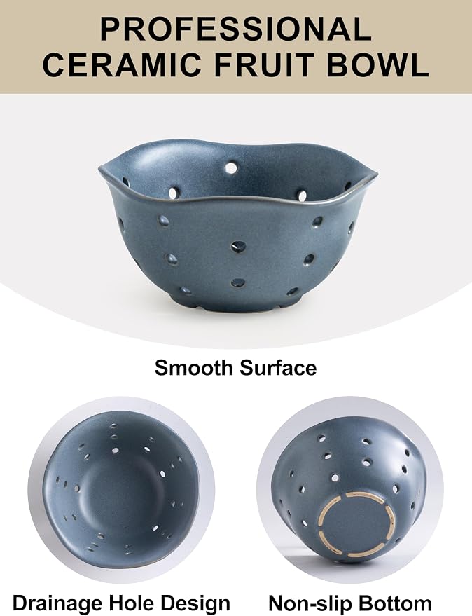 Gomakren Ceramic Berry Basket Set of 2, Elegant Fruit Bowl with Holes for Kitchen Counter, 6 Inch, Berries, Strawberry, Grape, Cherry, Floral Shape, Slate Blue, Dishwasher Safe - Image 9