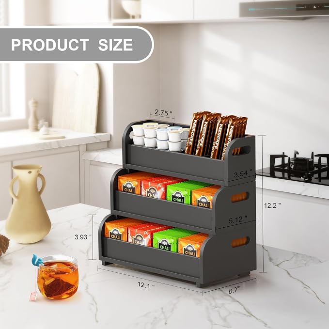 3-Tier Bamboo Tea Bag Organizer, Stackable Tea Holder for Countertop, Black | Tea Box Rack with Removable Dividers, Wall Mount Large Capacity for Pantry Drawer Cabinet Kitchen Office Coffee Station - Image 7